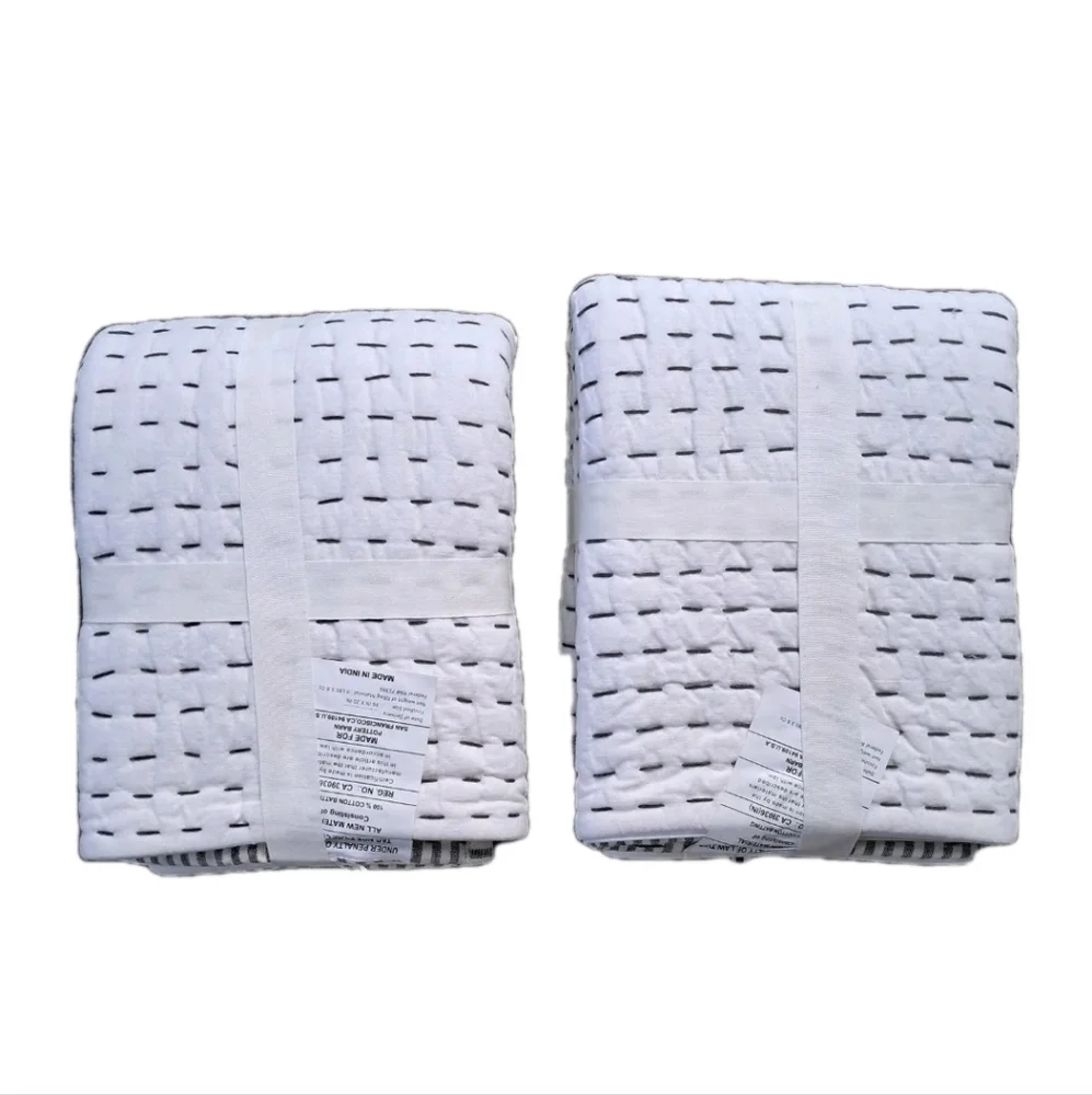 Pottery Barn Wheaton Pick-Stitch King Shams Set of 2 Reversible Cotton Linen NEW